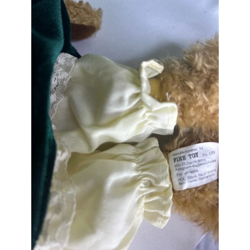 Fine Toy Bernadette Teddy Bear Green Velvet Victorian Dress Lace Bonnet Plush